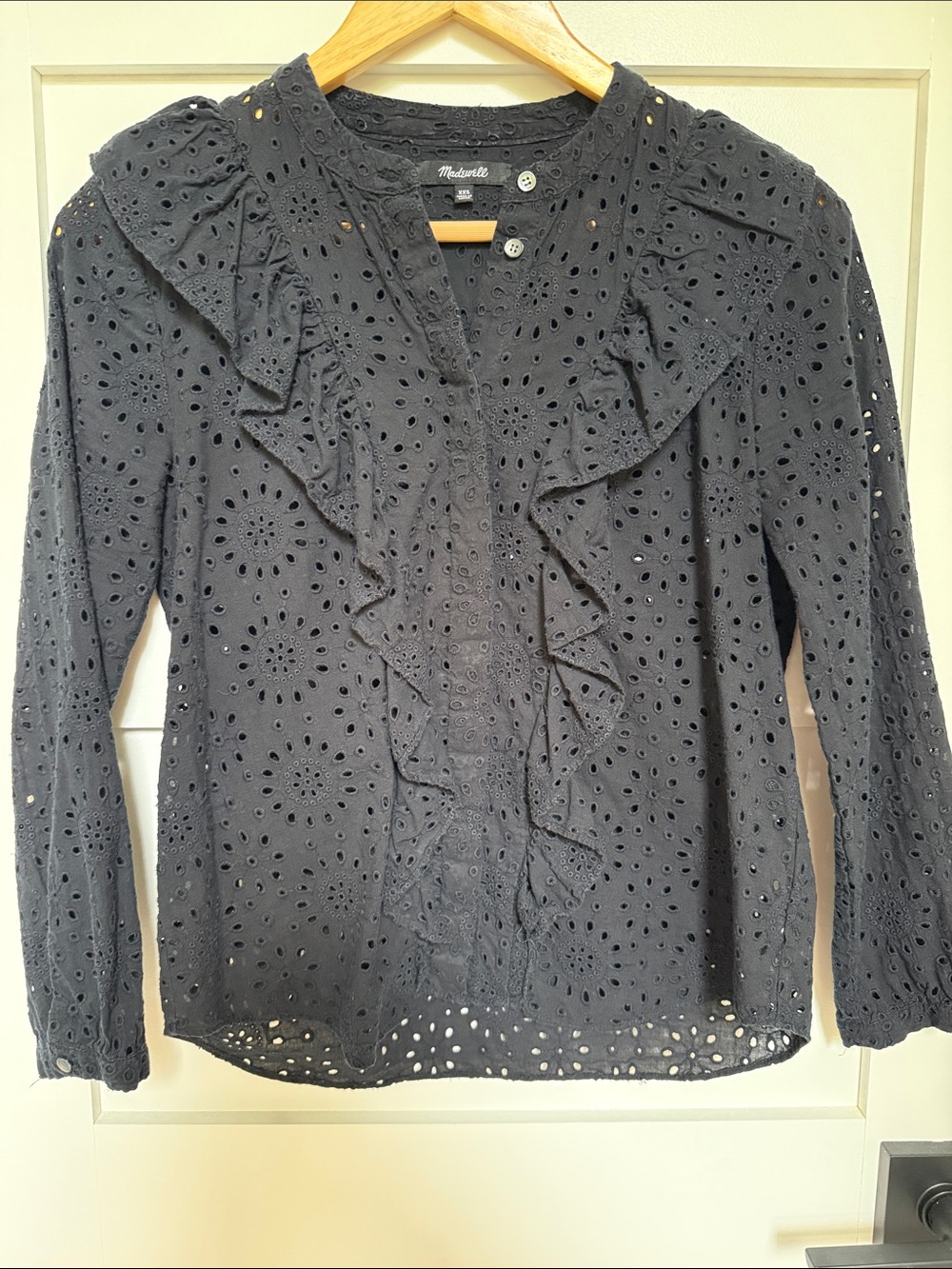 Madewell Eyelet Ruffle-Front Blouse - True Black - XXS